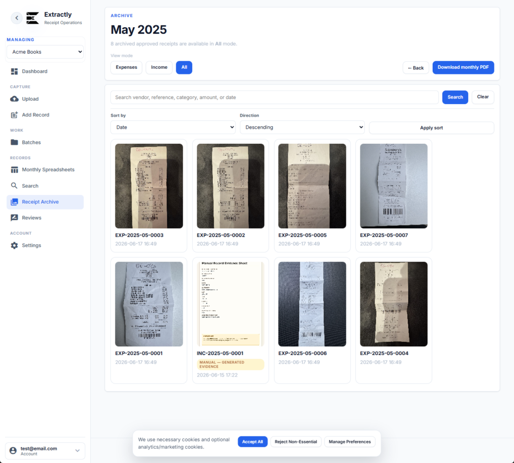 extractly-receipt-archive-screen Approved receipts stored in the Extractly searchable archive